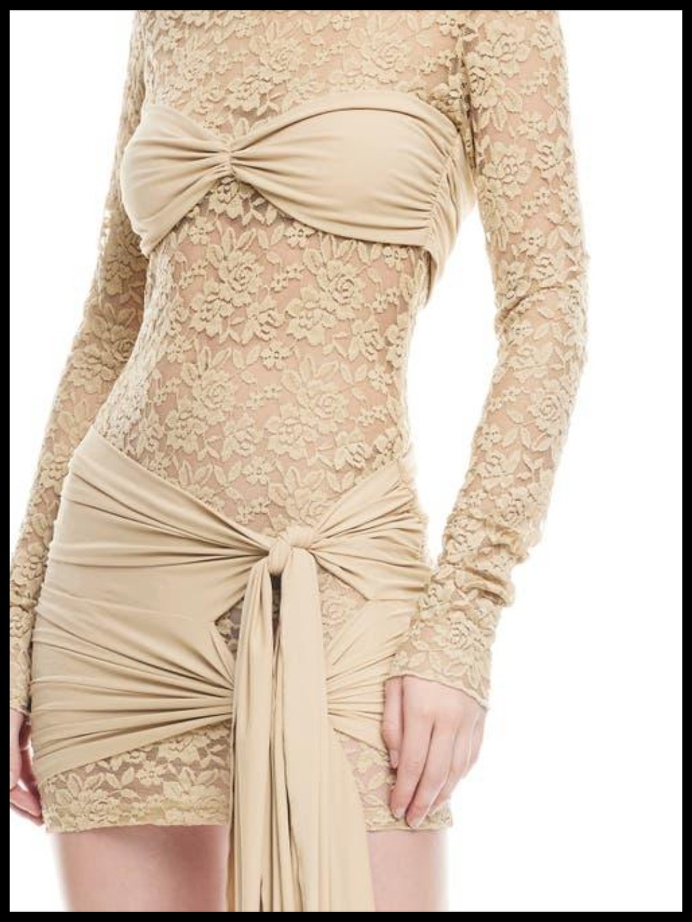 Lioness Beige Lace Long-Sleeve Tie-Waist Mini Dress